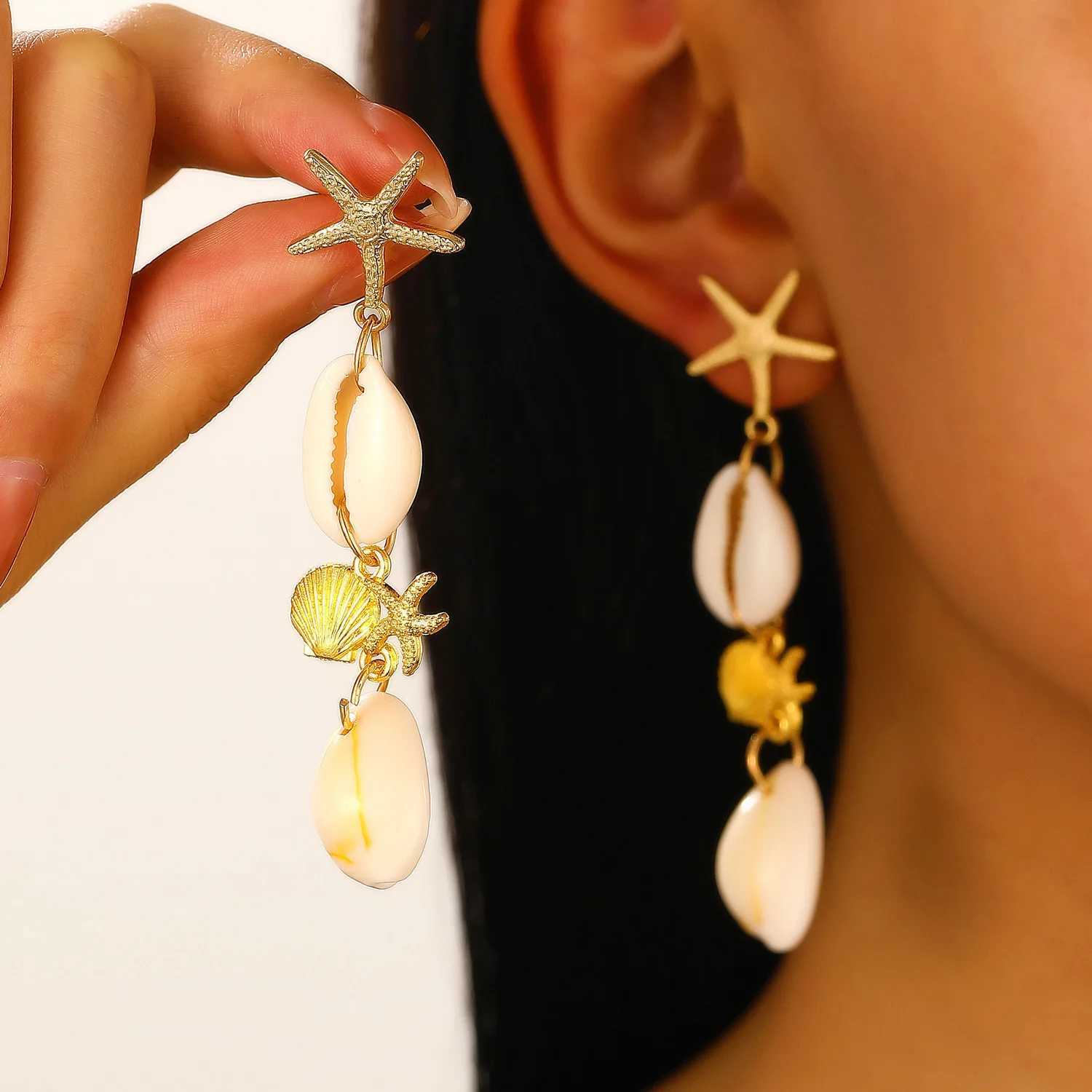 Boho Starfish Conch Splicing Tassel Pendant Earrings for Women Gold Color Female Earring Sweet Ocean Series Jewelry Accessories XJ250722