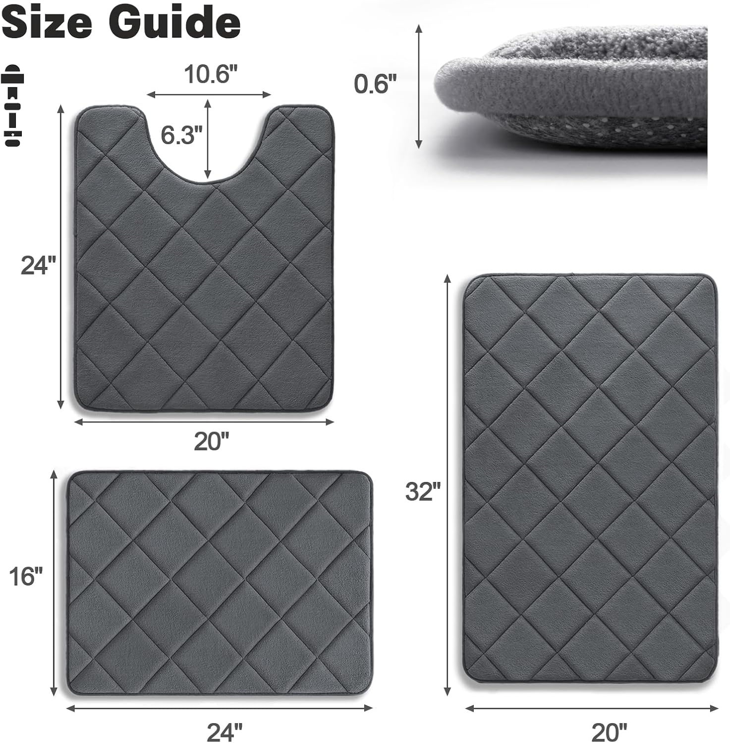 Memory Foam Plaid Quilt Bathroom Rug Set Non-Slip Highly Absorbent Quick-Drying Machine Washable for Toilet Zones Floor (41*61+51*81+51*61cm)