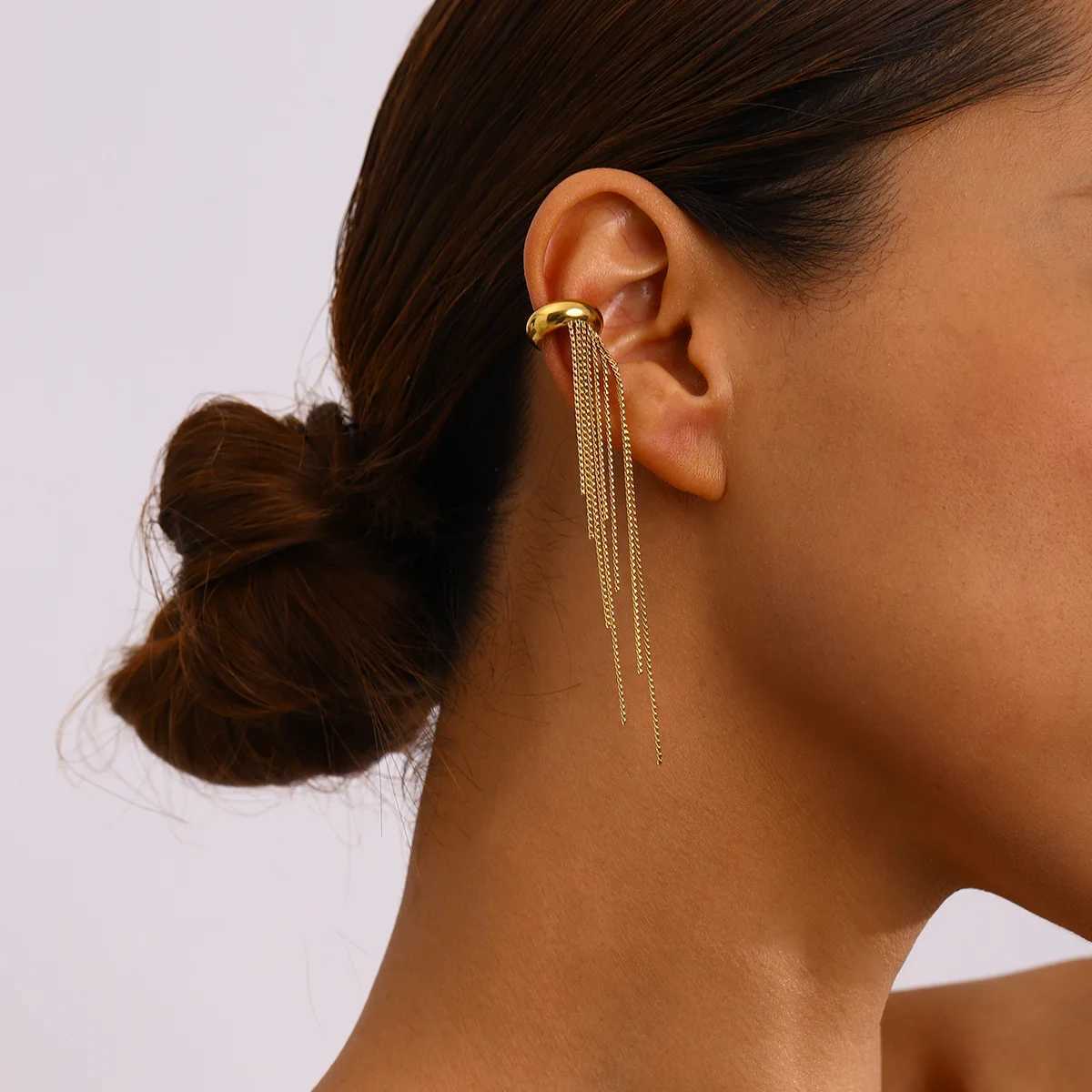 1Pc Long Tassel Drop Dangle Ear Clip Womens Metal Charms Stainless Steel Jewelry Gold Color PVD Waterproof XJ250722