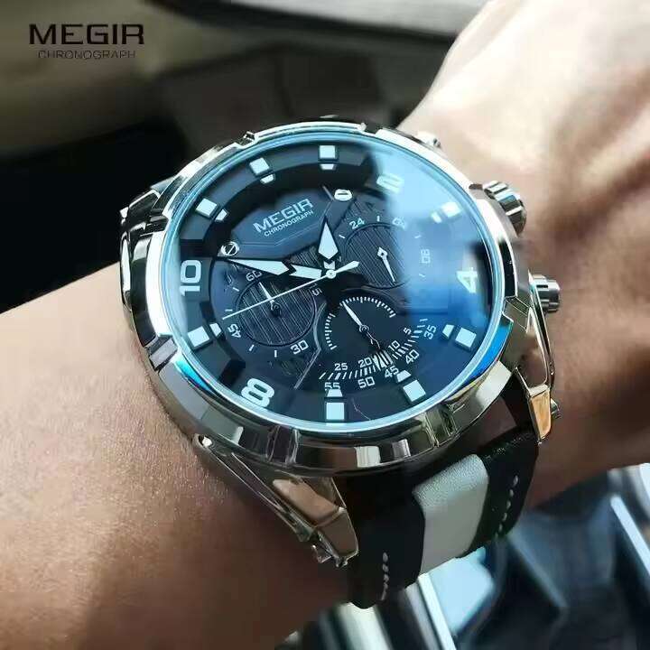 MEGIR Men's Sports Chronograph Watch - Waterproof, Luminous, Calendar, Leather Strap, Quartz Movement