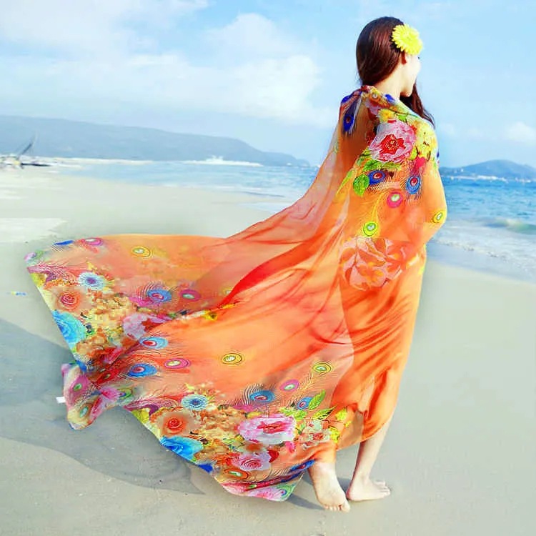 K1432 Autumn and winter women's travel silk scarf multifunctional scarf colorful beach thin chiffon printed shawl warm scarf