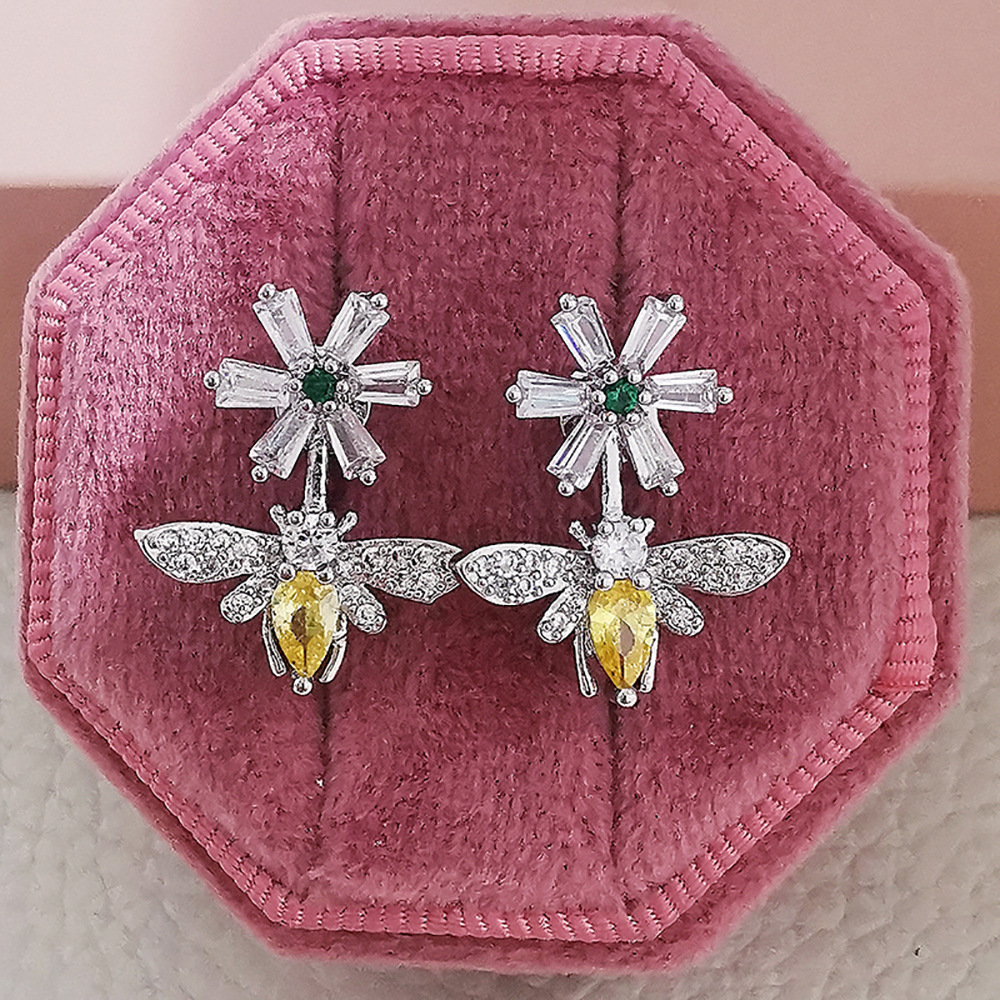 Silver - Tone Flower And Bee - Shaped Earrings With Rhinestone And Colored Gem Accents Charming Party Jewelry And Gift For Her High Quality And Unique