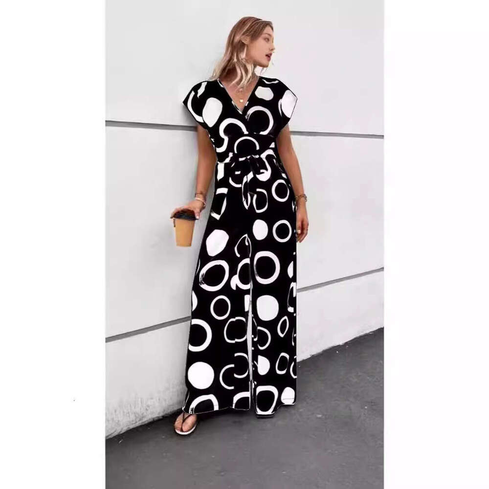 New Fashion Elegant Casual V-Neck High Waist Printed Wide-Leg Belted Jumpsuit B5