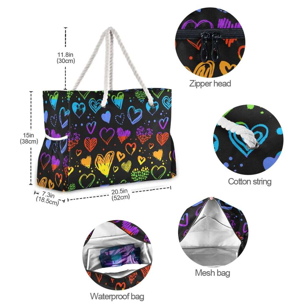 2025 New Rainbow Heart Polka Dot Women Shoulder Trendy Waterproof Tote Beach Bag Large Capacity Female Travel Shopping Bags