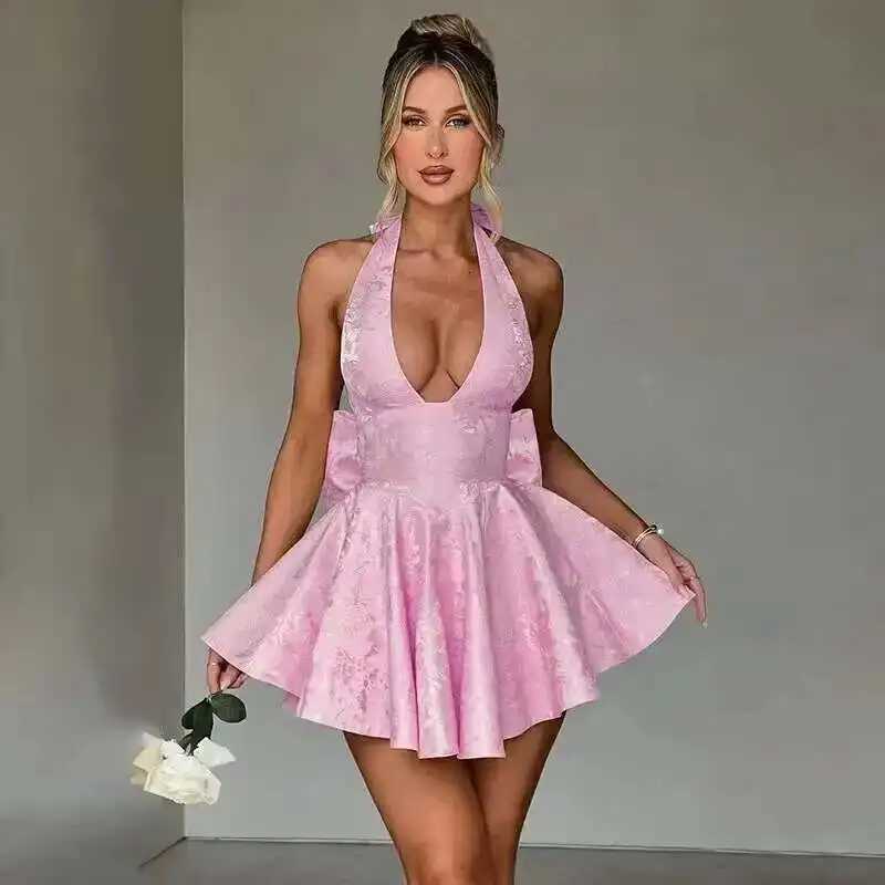 2024 Spring Summer Women Mini Jacquard Waist Wrap A-line Dress Ele Bow Backless Sexy Party Dresses XJ250722