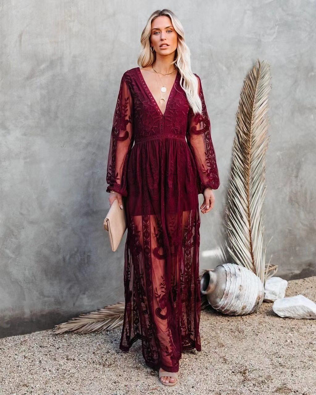 2022 spring and summer new womens lace long sleeve V-neck solid color Chiffon summer dress 210531