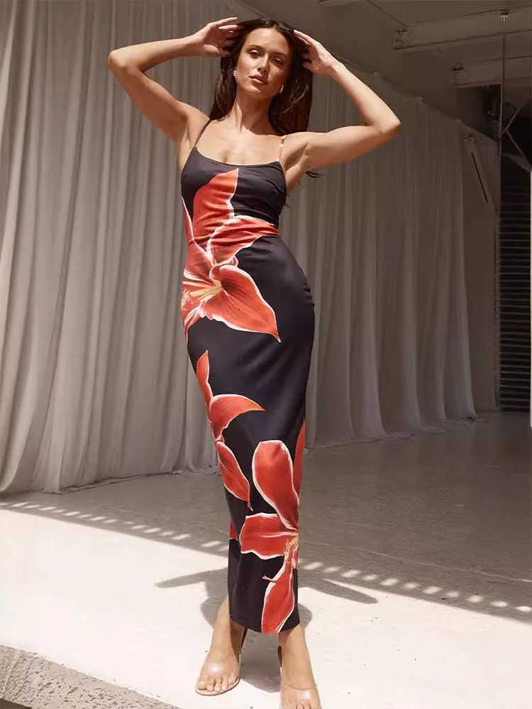 Womens Floral Print Long Dress Summer Spaghetti Strap Sleeveless Backless Bodycon Sexy Midi Gown Ele Casual Fashion XJ250722