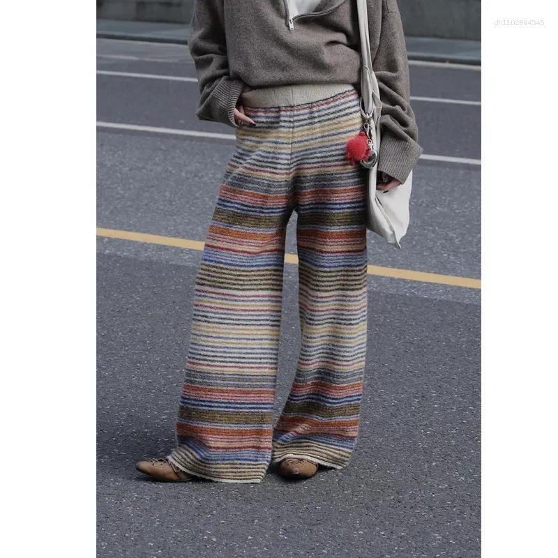 Women's Pants YueJuXing Of The Season Retro Color Block Striped Knitted Casual Long Slimming Design Straight Leg Woolen Wea Z260314