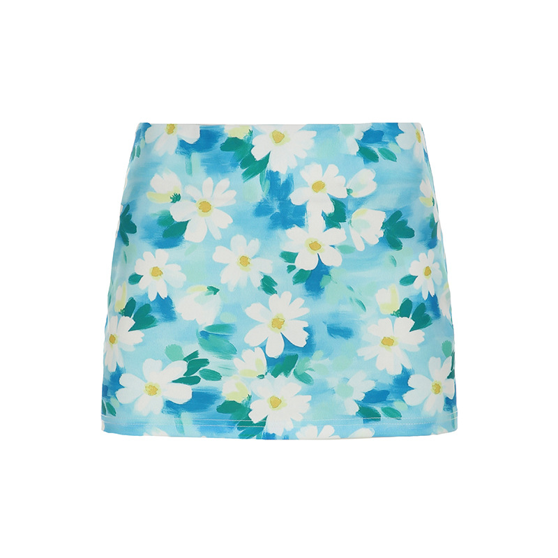 L2251 Summer Dopamine Mint Blue Green Hip Skirt Women's Holiday Style Slim Flower Print Skirt