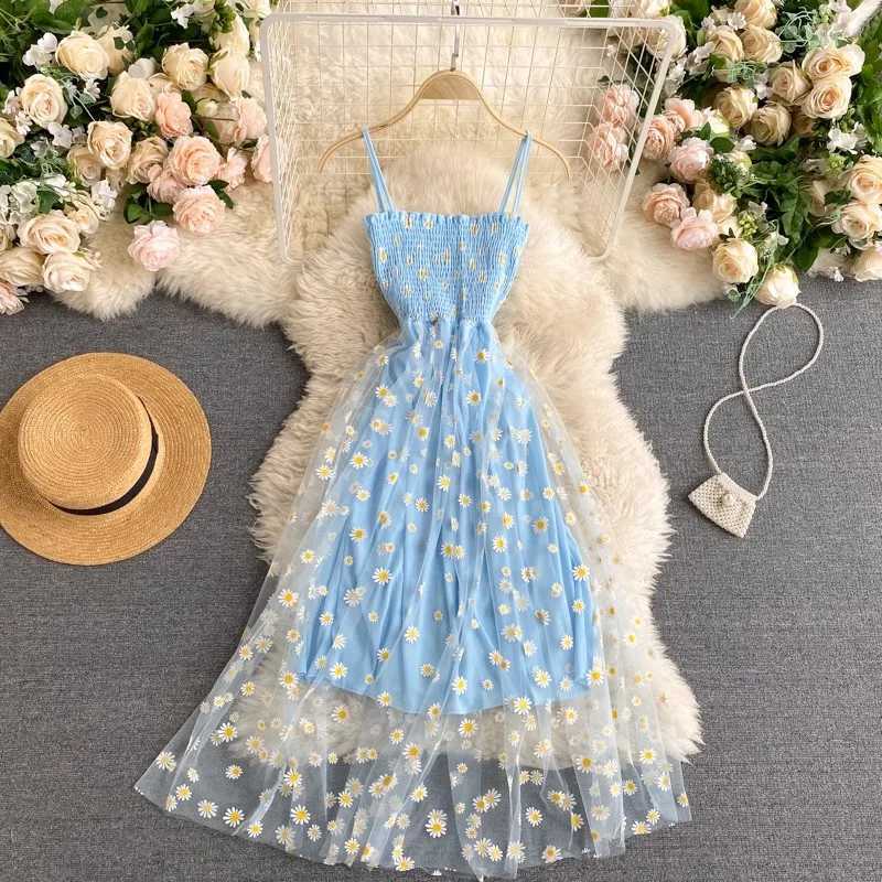 2025 New Korean Fashion Floral Print Spaghetti Straps Mesh Party Dress Vacation Style Women Beach Dress XJ250722