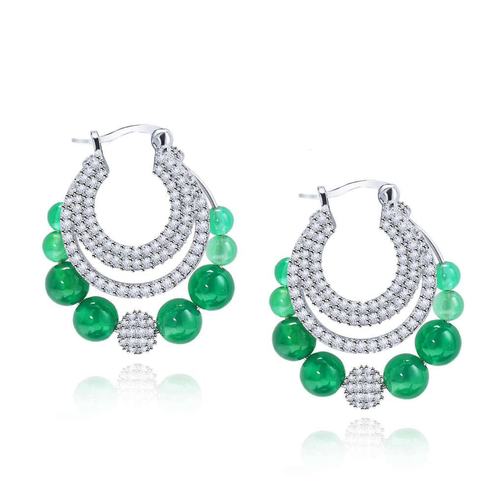 New Chinese Luxurious Crystal Ethnic Style Natural Colorful Tourmaline Emerald Chalcedony Inlaid Dia Earrings Set