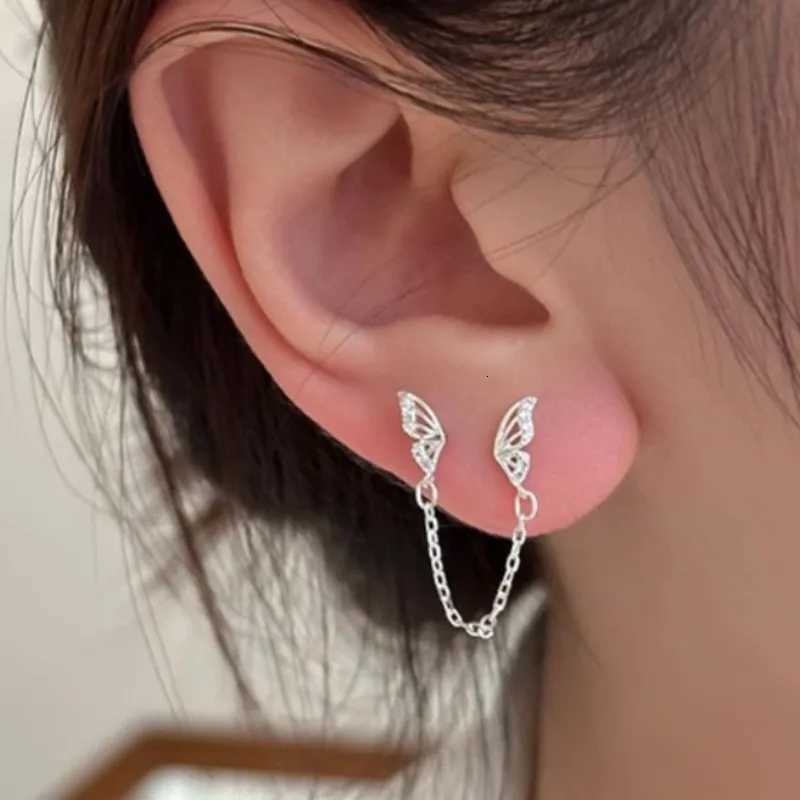 Tiny Sweet Tassel Butterfly Stud Earrings for Women Simple Korean Double Ear Hole Tassel Chain Earrings Party Jewelry XJ250722