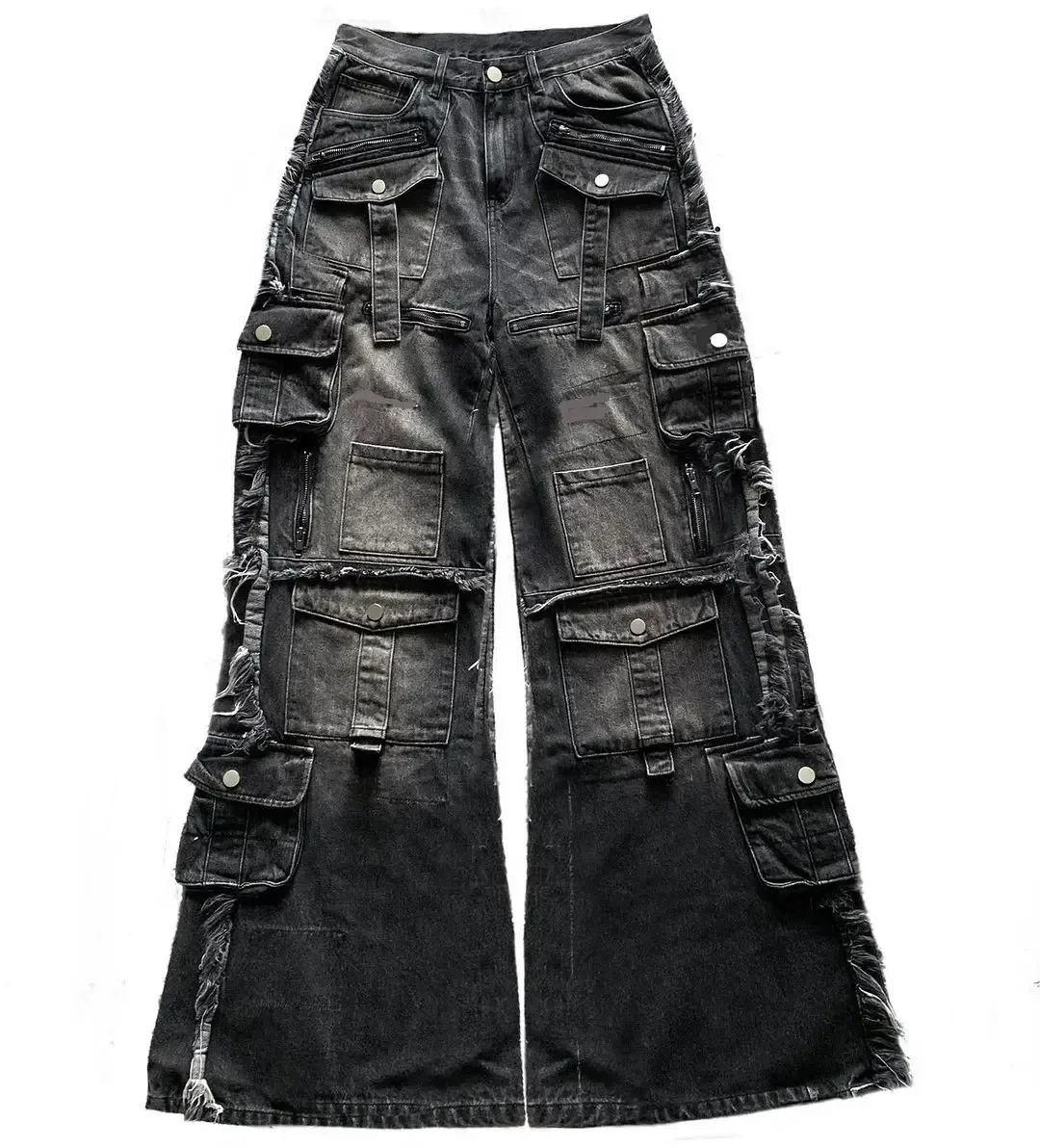Y2K Harajuku Gothic Multi-pocket Washed Black Jeans Mens Autumn Loose Hip-hop Trousers Street Rap 90s Wide-leg Pants 250714