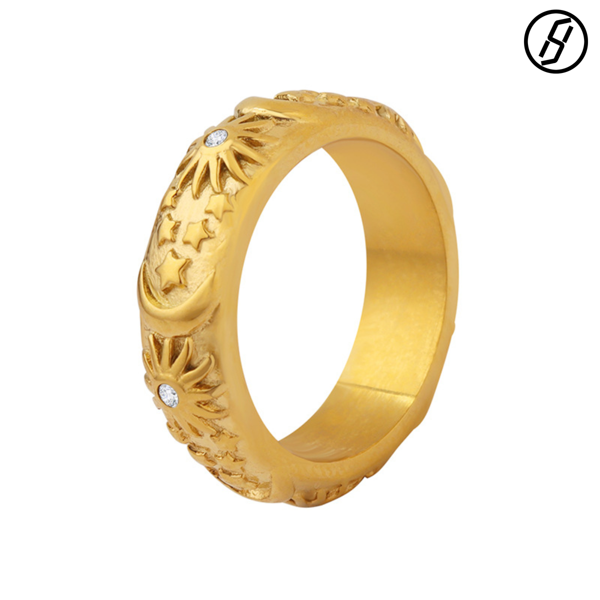 Retro design palace style inlaid zircon embossed sun moon ring titanium steel plated 18K gold men and women ring women designer ring free shipping