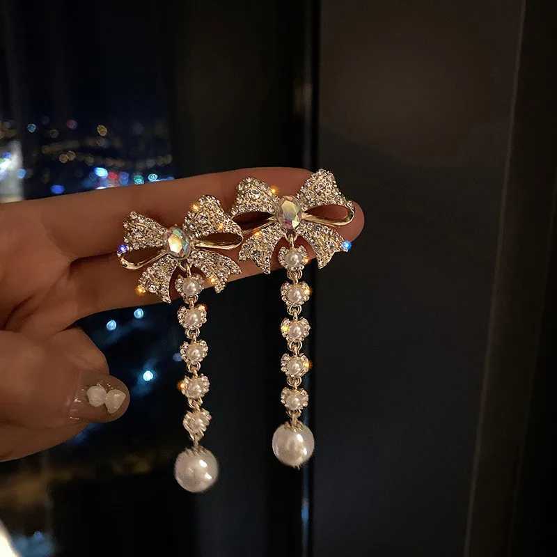 Bowknot Rhinestone Dangle Earrings for Women Long Tassel Pearl Earrings Weddings Party Jewelry XJ250722