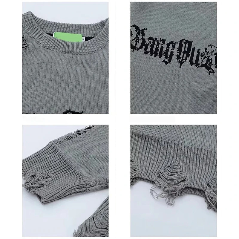 Hole Sweater Male Autumn Vintage High Street Gothic Dark Pullover Round-Neck Knit n Irregular Letters Oversize Sweater 250717