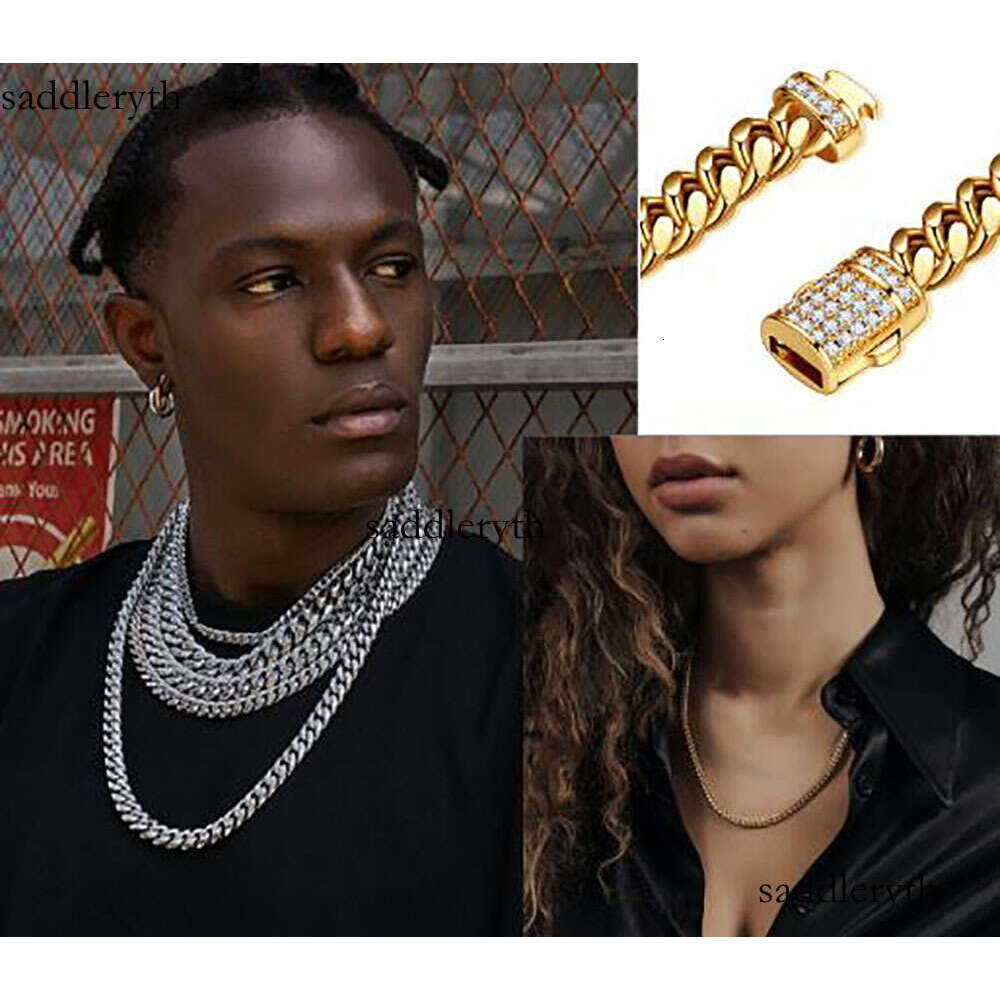 Mens White Gold Tone 316L Stainless Steel Chain Necklace Curb Cuban Link with Dias Clasp Lock 6mm/8mm/10mm/12mm/14mm
