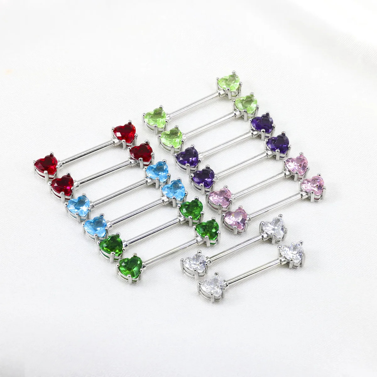 6 pcs colored heart-shaped cubic zirconia decorative nipple piercing ring jewelry stainless steel wearing rod for womens 250722