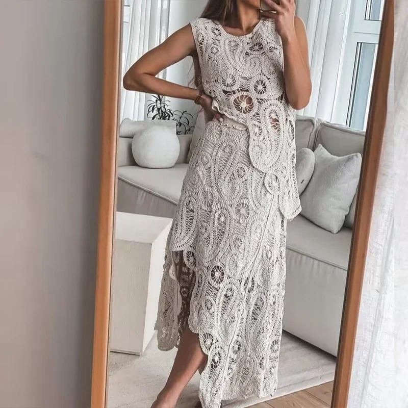 Women O-neck Sleeveless TopLong Skirt Beach Suit Casual Solid Street Summer Outfit Holiday Hollow Knitted Irregular 2 Piece Set 250714