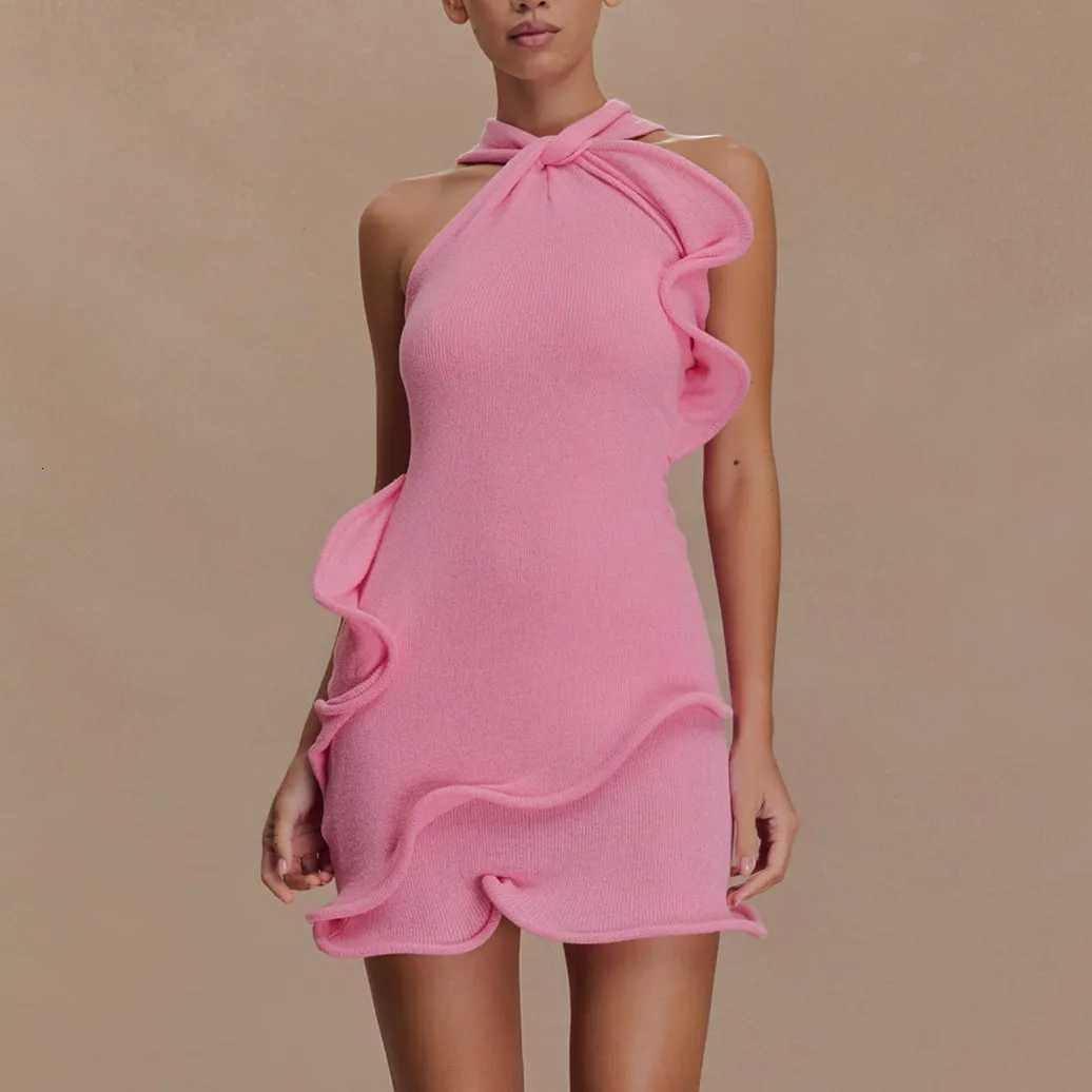 hirigin Women Knitted Halter Mini Dress Sleeveless Crochet Ruffle Edge Bodycon Short Dresses Y2k Sexy Beach Coverup Sundress XJ250722