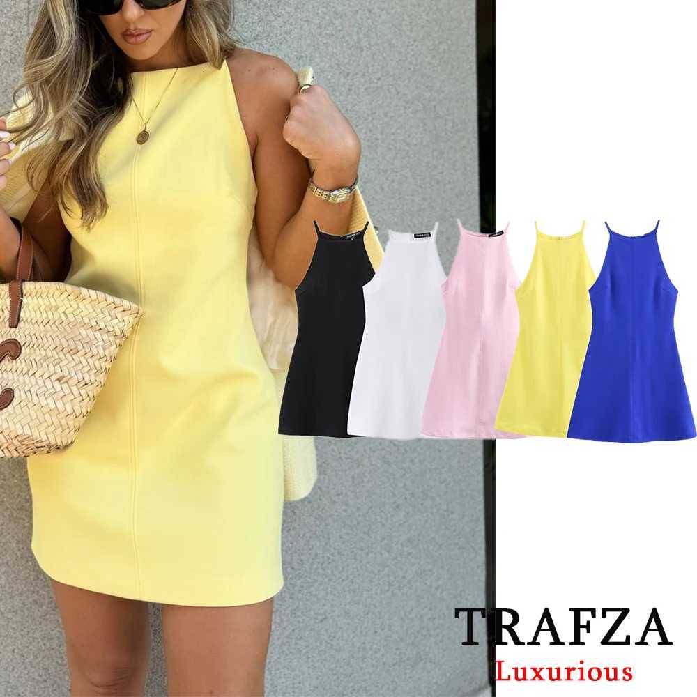 TRZA Sexy Solid Women Straight Mini Dress Halter Sleeveless Casual Underwear Party Dress Fashion 2024 Ele Y2K Girl Dress XJ250722