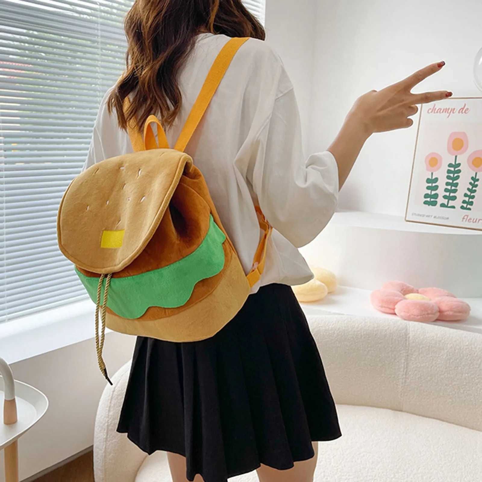 ute Hamburger Plush Backpack Soft Carto Burger Plush Coin Purse Girls Kindergarten School Bookbag Children Kids Pack Y250722