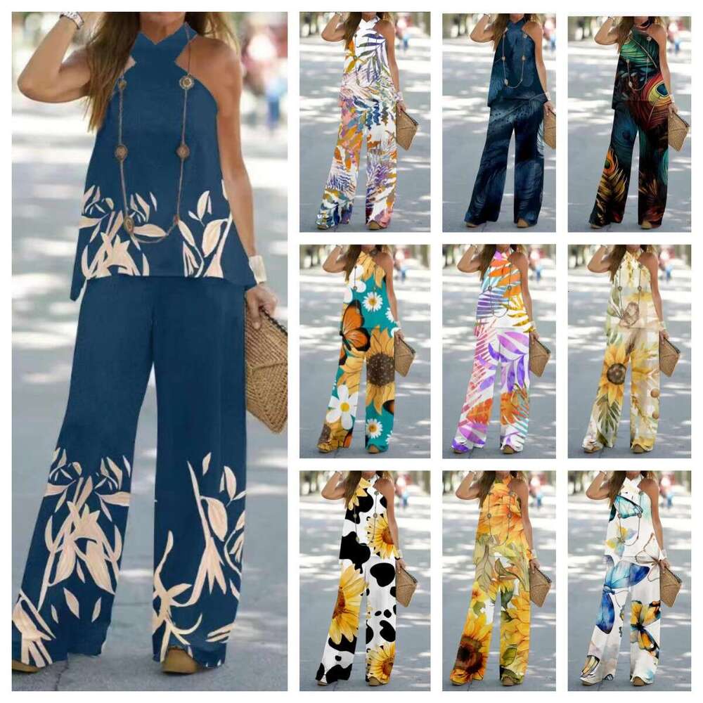 Summer New Women's Cross Halter Neck Sleeveless Printed Casual Wide-Leg Pants Elegant Set B5
