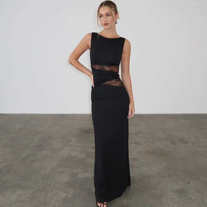 Apprabant Women Lace Splicing Solid Color Dress Round Neck Sleeveless Semi Transparent Hollow Out Twisted Waistband Dress XJ250722