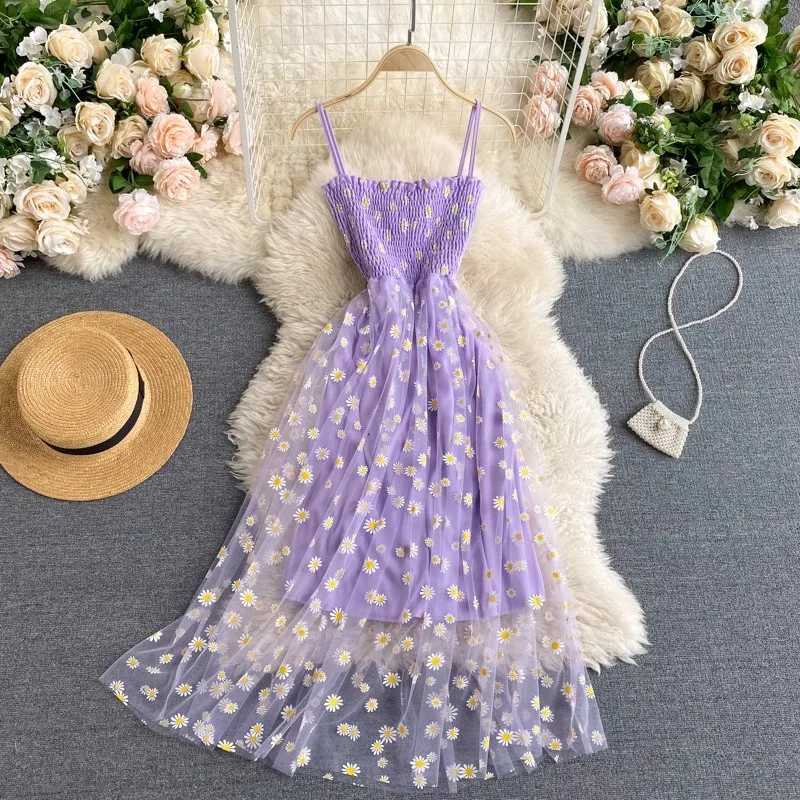 2025 New Korean Fashion Floral Print Spaghetti Straps Mesh Party Dress Vacation Style Women Beach Dress XJ250722