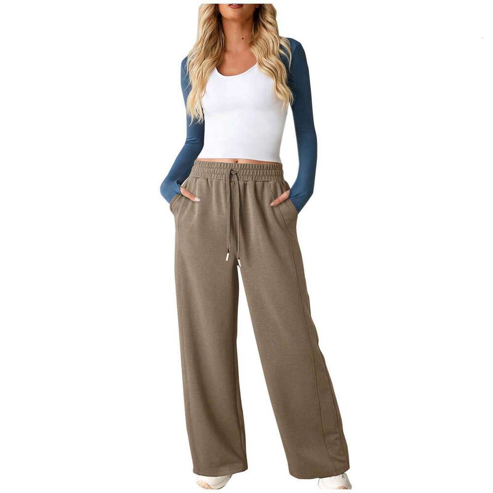 Women's Flowy Casual Straight Elastic Waist Drawstring Wide-Leg Pants B5