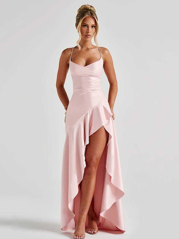 Articat Ele Spaghetti Strap Satin Split Maxi Dress Women Sexy Backless Bodycon Party Evening Dress Summer Holiday Beachwear XJ250722