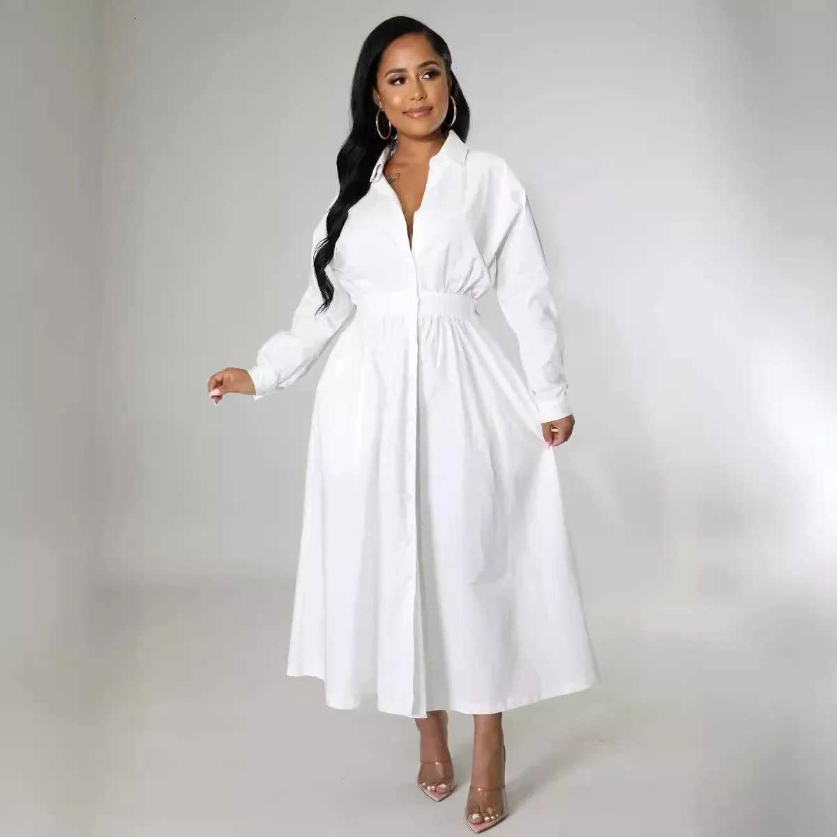 4383 Womens Fashionable Micro-Popping Shirt Dress Loose-Fit Long Sleeve Long Dress European and American Style XJ250722