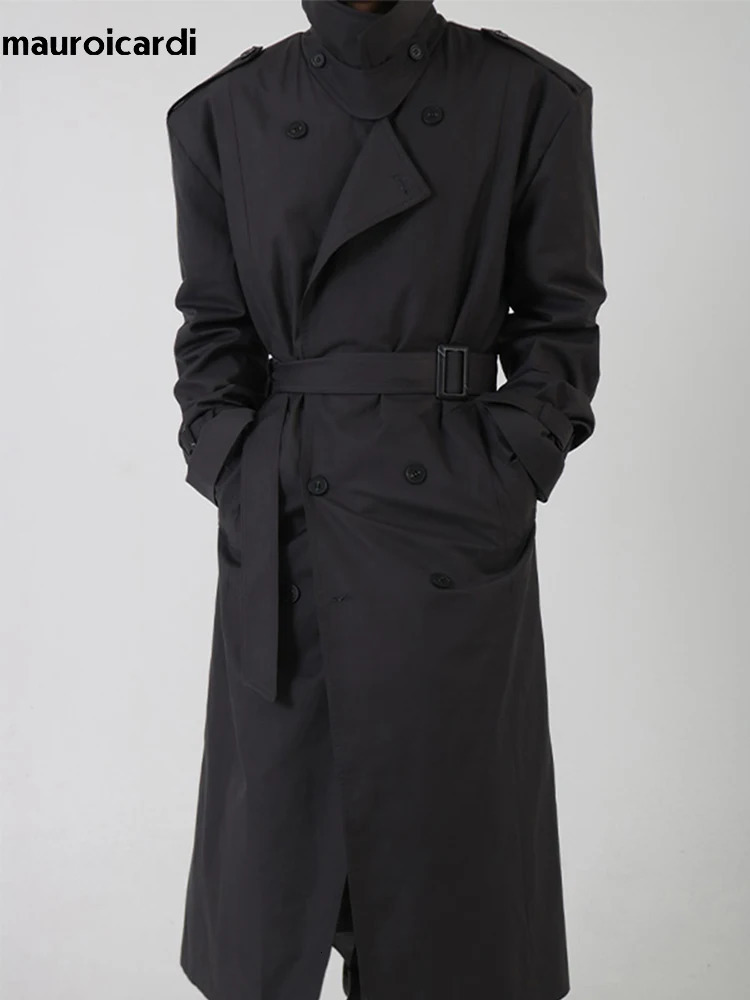 Mauroicardi Spring Autumn Cool Long Black Oversized Trench Coat Men Belt Double Breasted Loose Casual Windproof Outerwear 250714