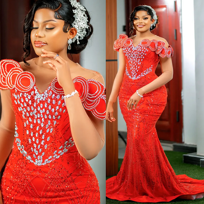 2025 Plus Size Prom Dress For Black Women Mermaid Evening Dresses Robe De Soiree Sheer Neck Long Sleeves Beaded Lace Birthday Dress Second Reception G