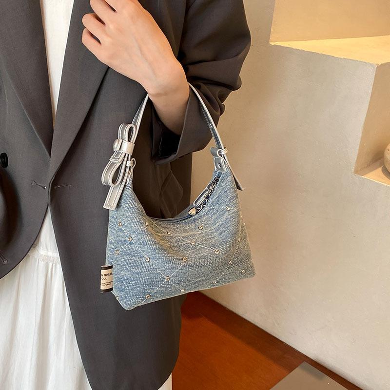 Summer new women's crossbody bag niche design denim armpit fashion handbag designer rhinestone rivet diamond grid shoulder