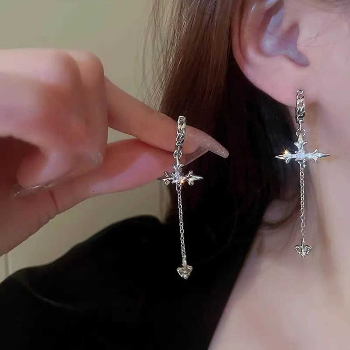 Personality Fashion Zircon Cross Tassel Hanging Earrings for Women Commuting Temperament Small Hoop Earring Party Jewelry GiftXJ250722