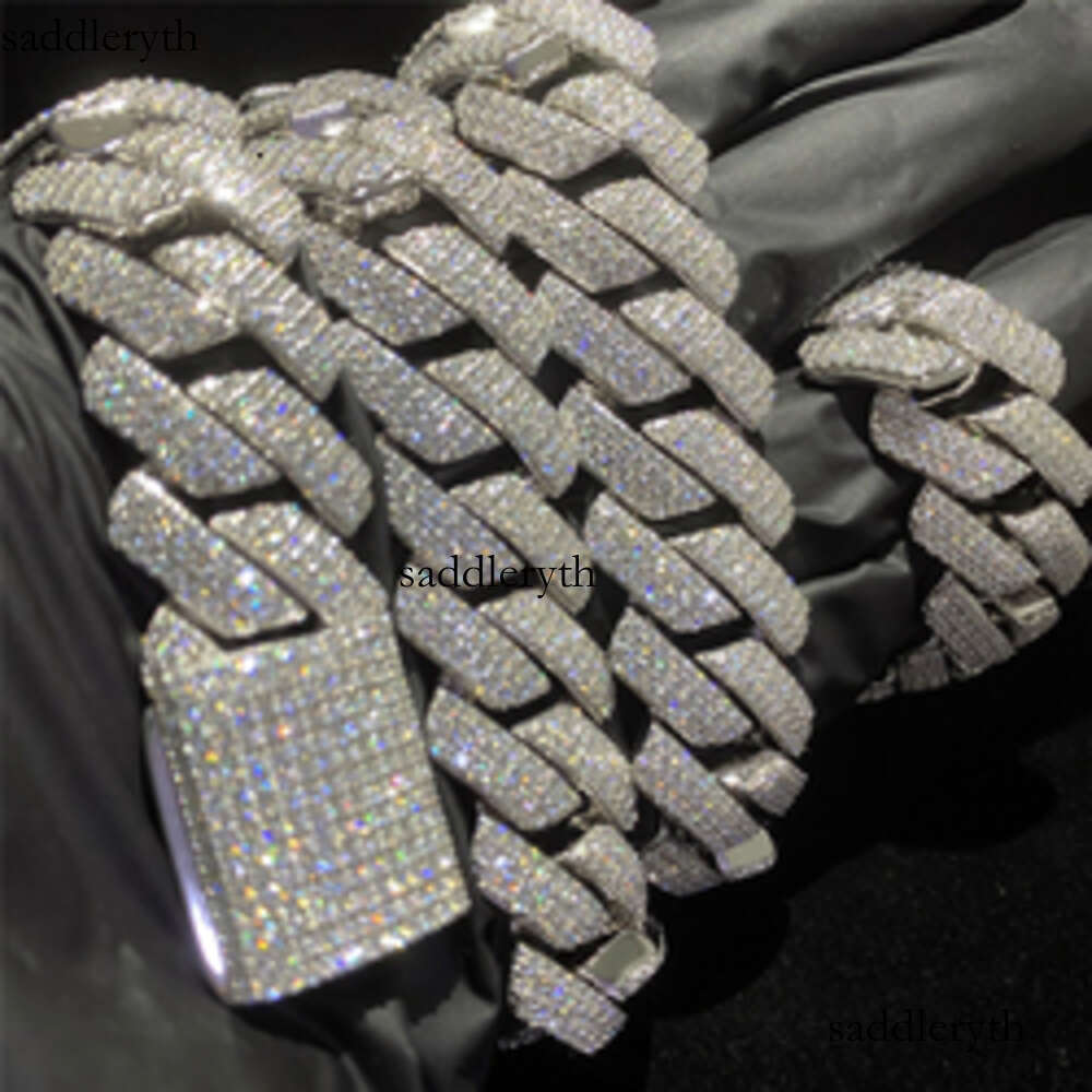 necklace moissanite cuban link chain 3row Dia 18mm Sterling Sier Moissanite Cuban Chain Necklace Hip Hop Fashion Mens