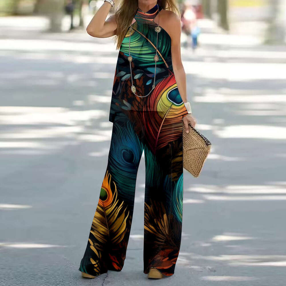 Summer New Women's Cross Halter Neck Sleeveless Printed Casual Wide-Leg Pants Elegant Set B5