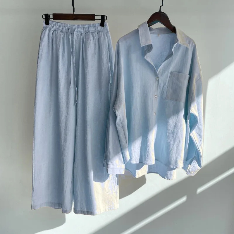 Casual cotton and linen set womens clothing fashion retro shirt high waist loose long sleeve lace-up pants two-piece 250714
