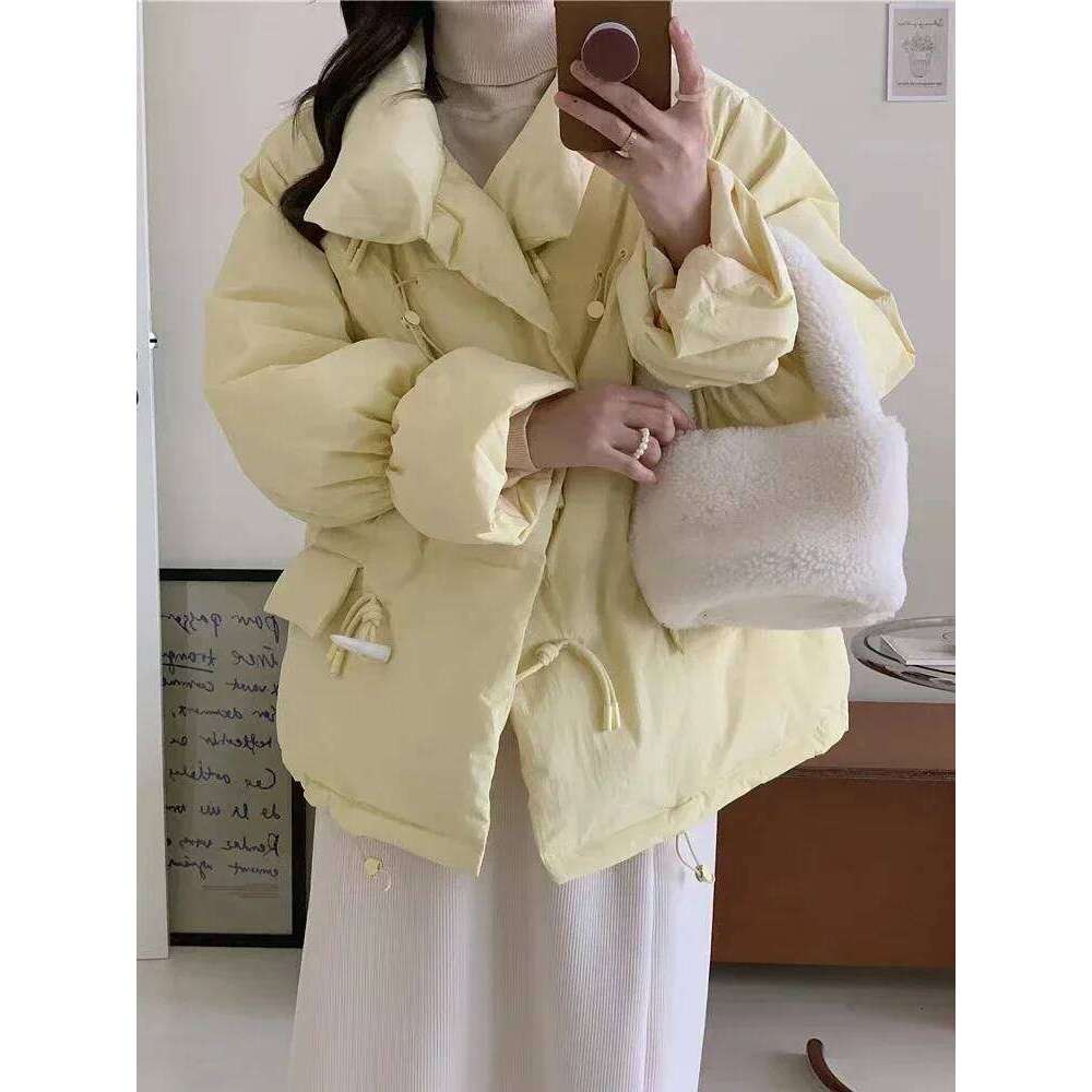 Korean Style Pink Down Jacket Winter Clothes New Fashion Loose Thick Warm Horn Button Short Quilted Coat Women Tops