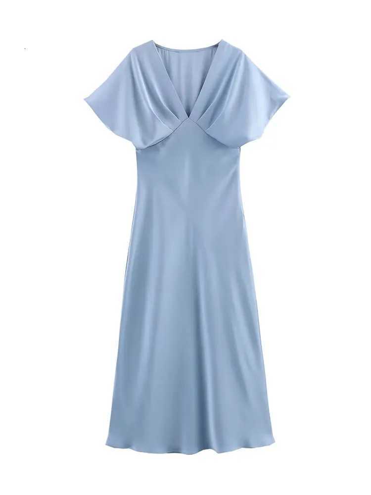 TRZA Women Ele Solid Satin Dress Sexy V Neck Short Sleeve Midi Dress 2025 New Fashion Summer Lady Holidays Party Dress XJ250722