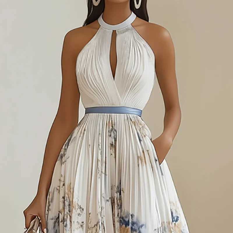 Summer Hanging Neck Sleeveless Waist Party Maxi Dress Women Ele Hollow Floral Print Pleated Chic Evening Gown Vacation XJ250722
