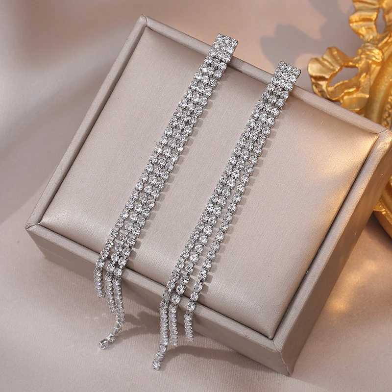 Simple Trend Long Shiny Full Crystal Rhinestone Tassel Earrings For Women Drop Dangle Bridal Wedding Earrings Stud Jewelry Gift XJ250722