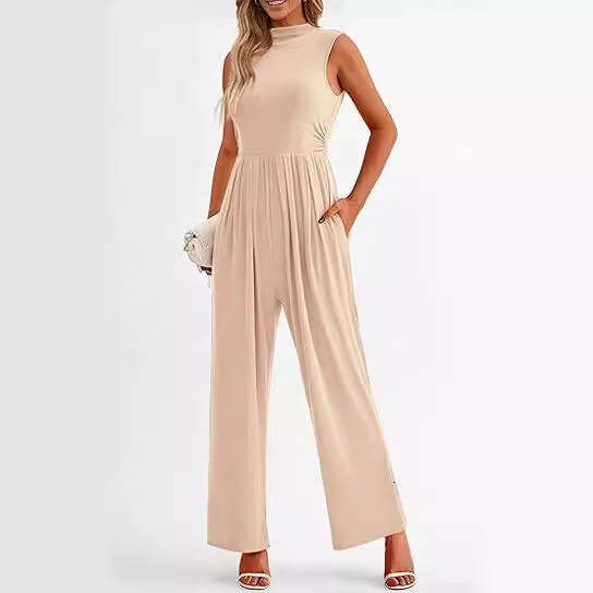 Women Elegant Summer Formal Casual Romper Sleeveless Ladies Wide Leg Jumpsuit With Pockets B5