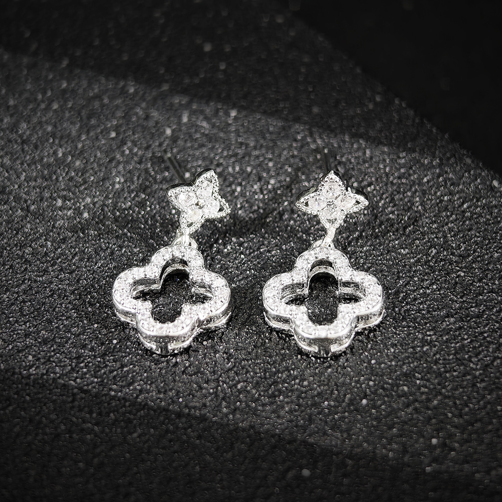 Silver - Tone Clover - Shaped Drop Earrings With Rhinestone Accents Lucky Party Jewelry And Gift For Her High Quality And Sparkling Jewelry