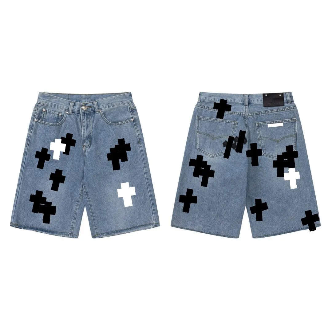 Chrome Jeans Shorts Cross Sanskrit Jorts Y2k Mens Designer Chrme Heartshorts Ripped Distressed Cross Graphic Jeans Hip Hop Streetwear Trendy Crome Denim Shorts