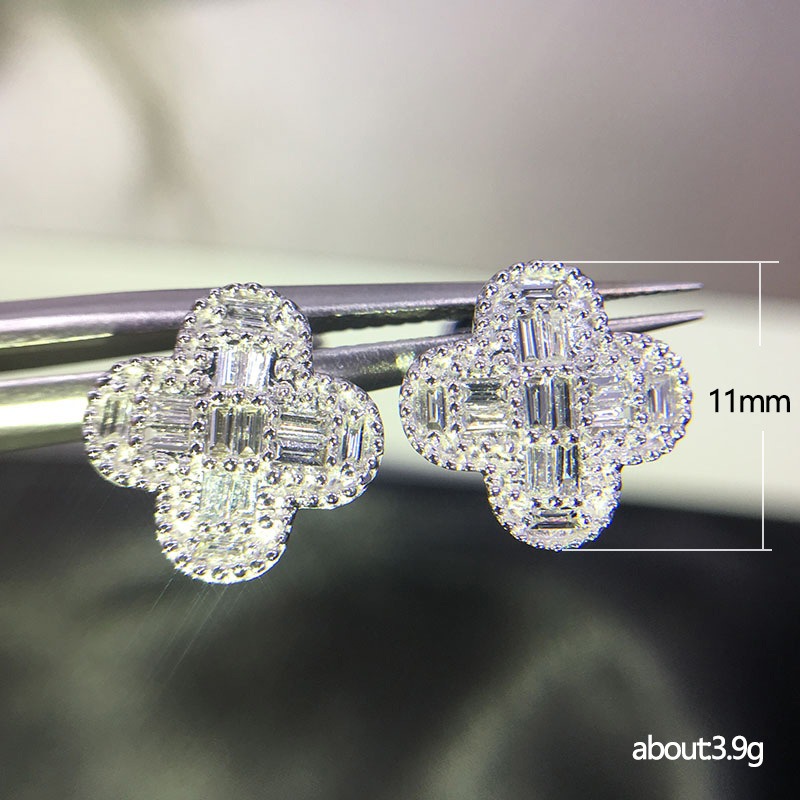 Silver - Tone Clover - Shaped Stud Earrings With Baguette Rhinestone Accents Elegant Party Jewelry And Gift For Her High Quality And Sparkling Jewelry