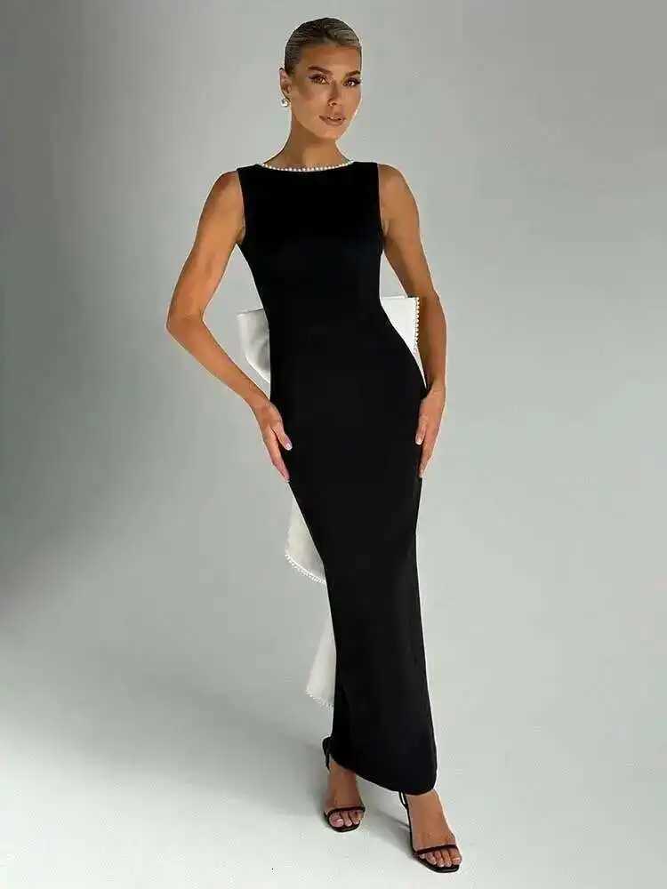 2025 Spring Summer Womens Sexy Party Dress with Pearl Bow Backless Nightclub Maxi Long Slim Bodycon Dresses XJ250722