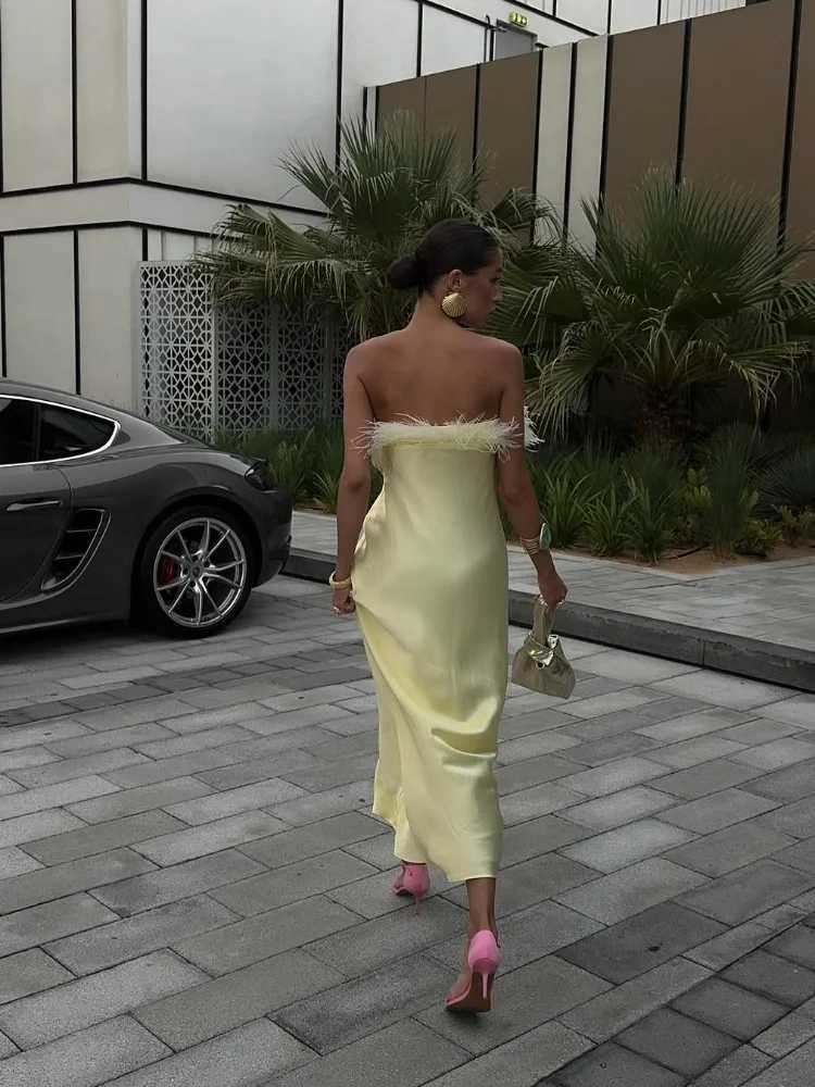 100% Satin Feather Strapless Dress Sexy Backless Off Shoulder Slim Fit Long Dresses for Women 2025 Summer Party Street Gown XJ250722
