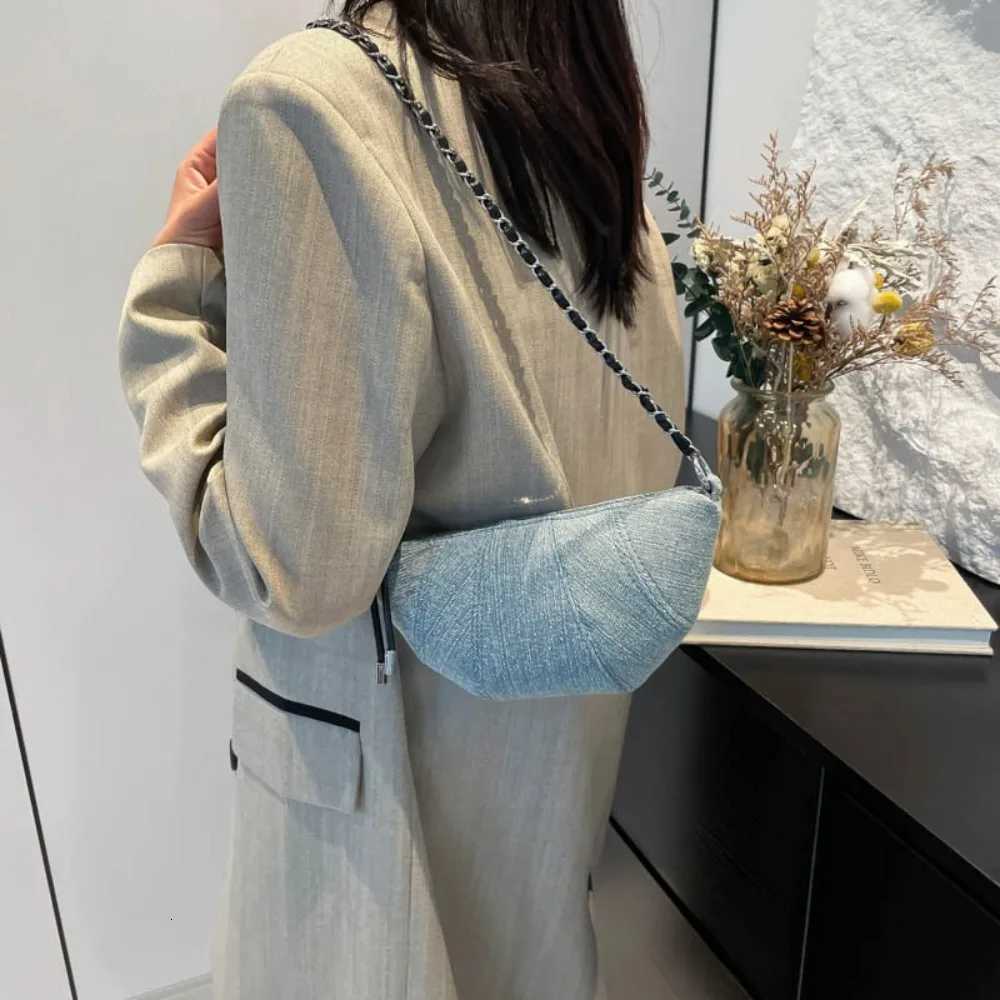 Fashion Chain Croissant Pack Satchel Half Moon Zipper Denim Dumpling Bag Korean Style Handbag Nylon Shoulder Bag Student XJ250704